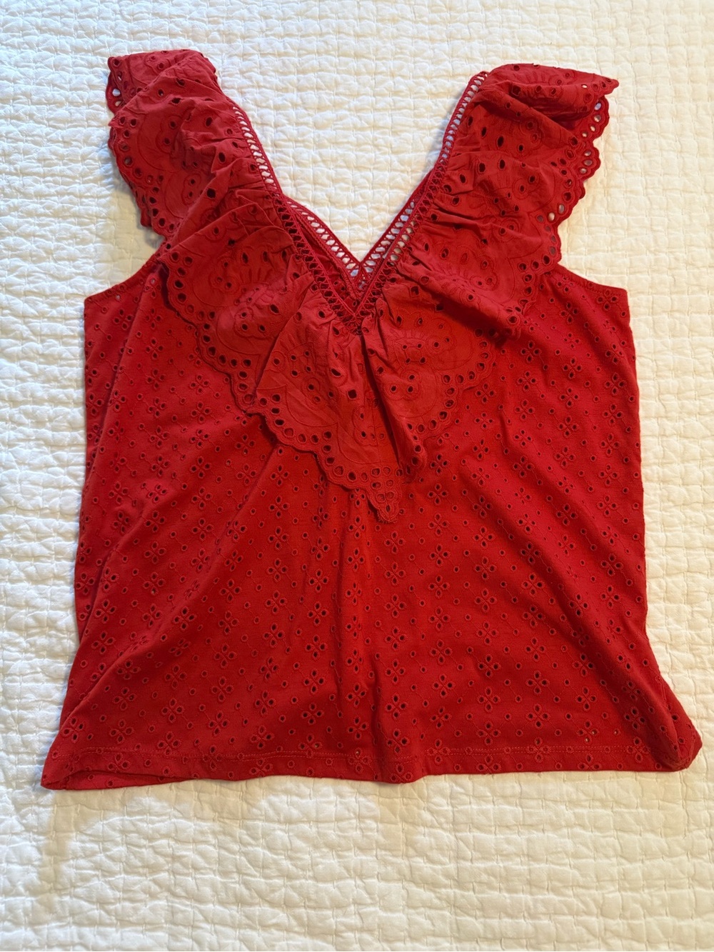 LOFT Red Eyelet Ruffle V-Neck Tank